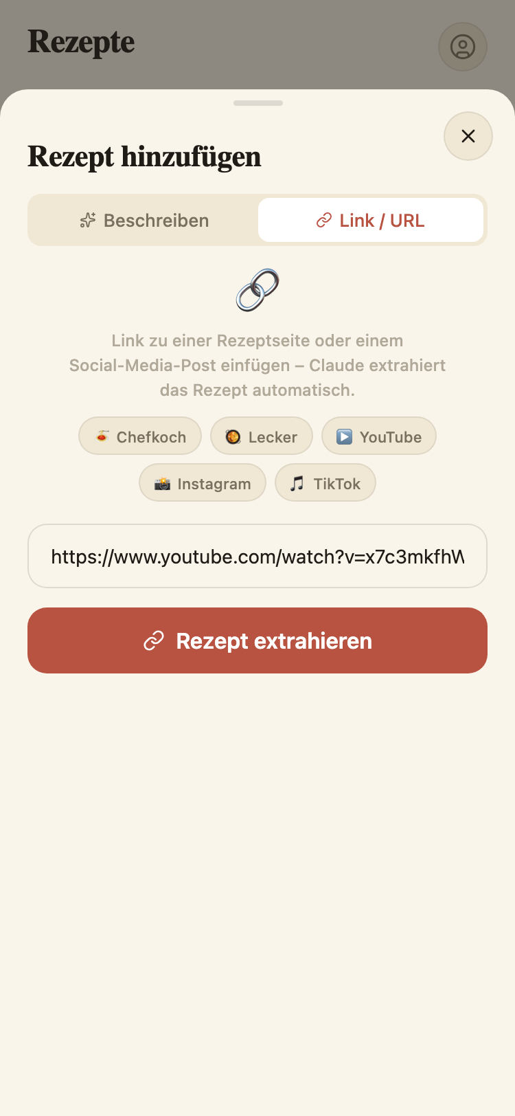 Import-Dialog: Rezept-Link von YouTube, Instagram, TikTok oder Chefkoch einfügen.