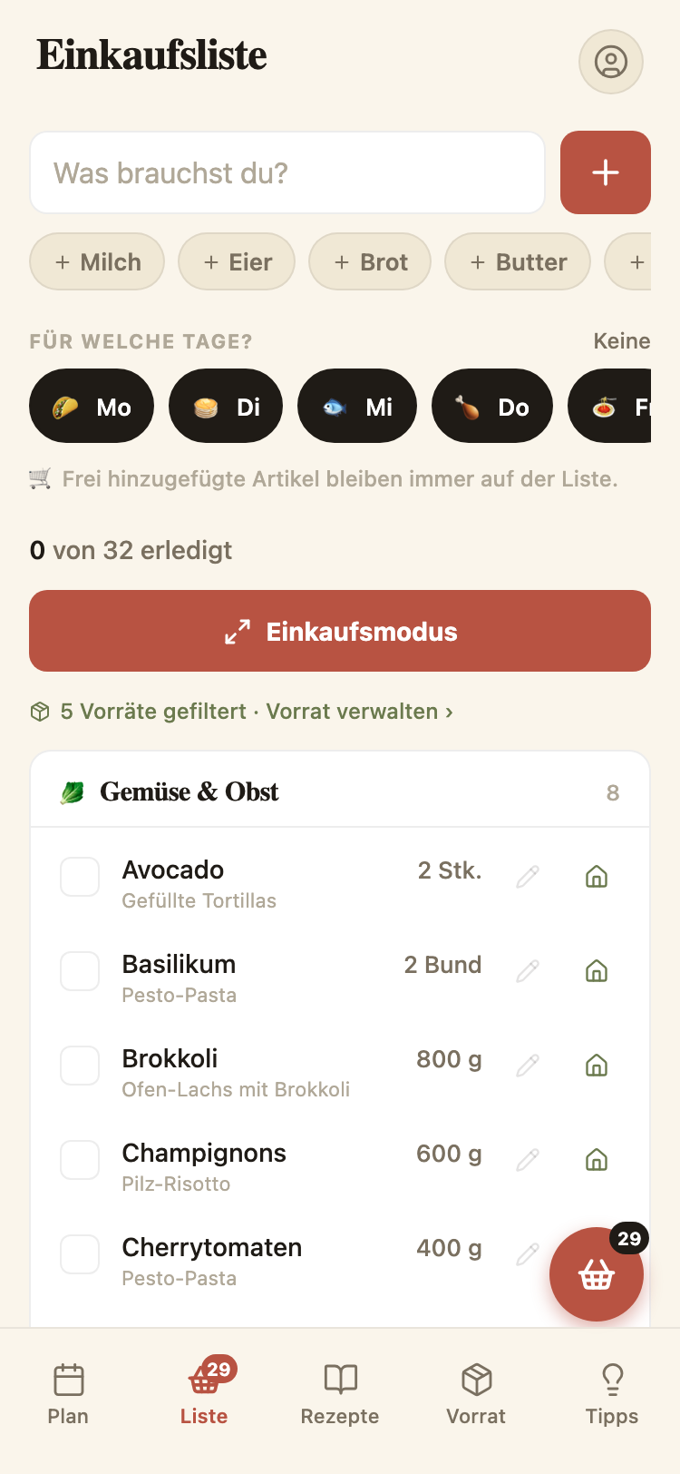 Einkaufsliste in Preppy, nach Kategorien wie Gemüse & Obst sortiert.