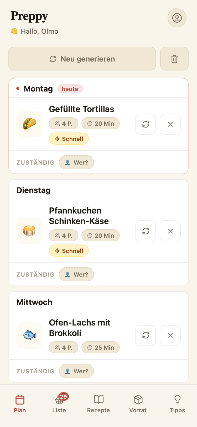 Wochenplan mit einem Gericht pro Tag.