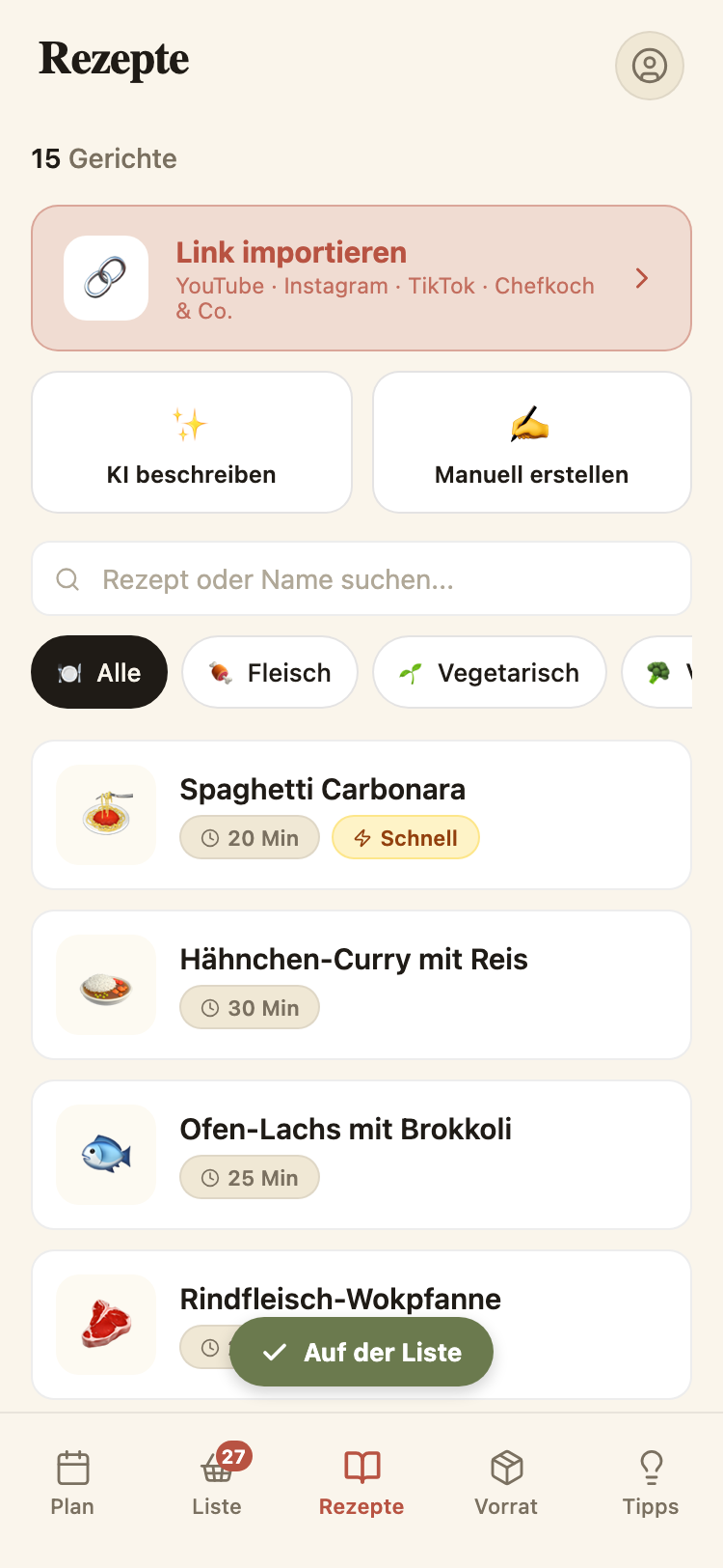 Rezepte-Übersicht mit Button „Link importieren“.