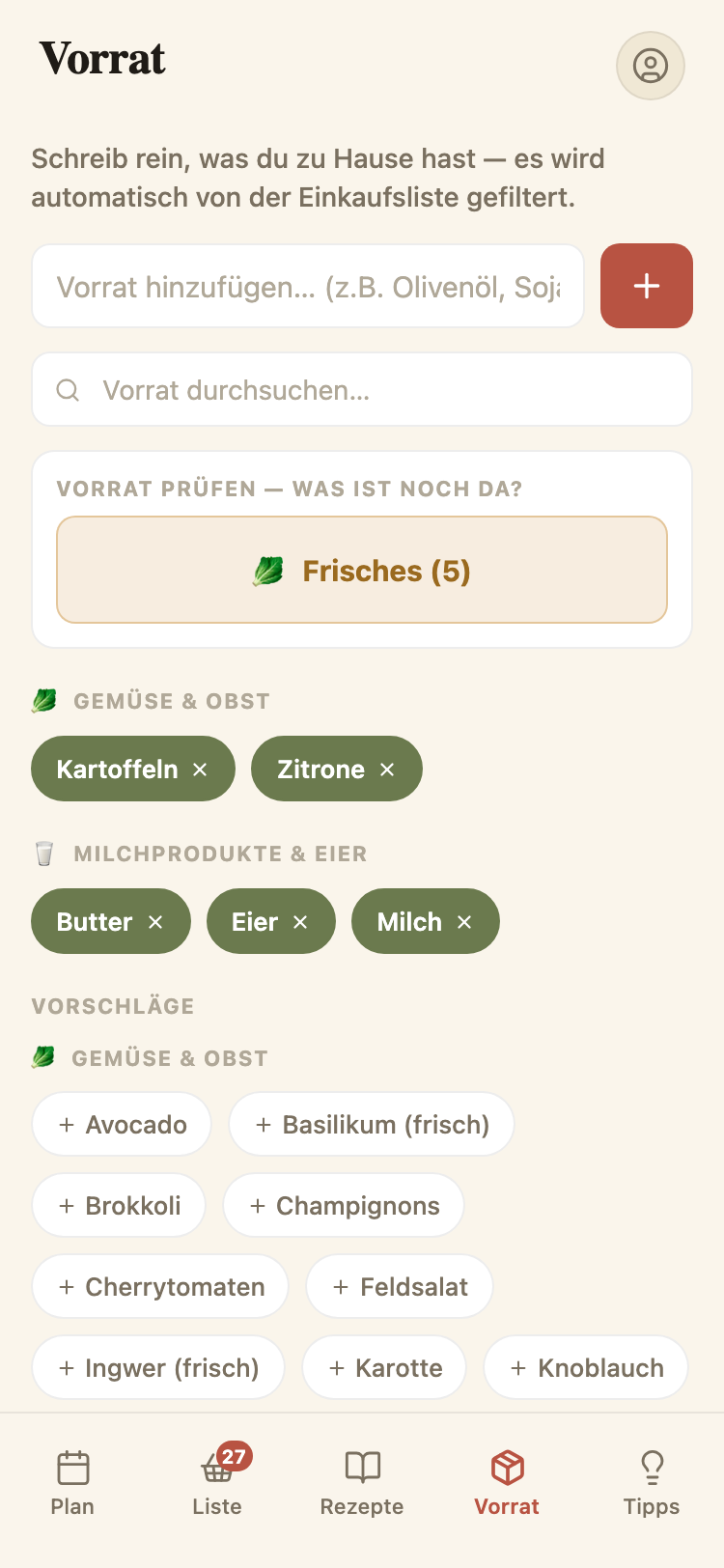 Vorrats-Übersicht nach Kategorien.