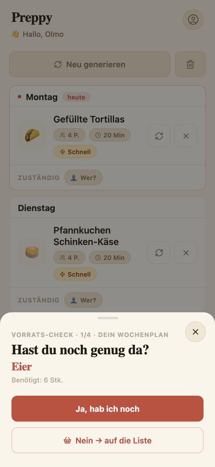 Vorrats-Check: „Hast du noch genug da? Eier — benötigt: 6 Stück“.